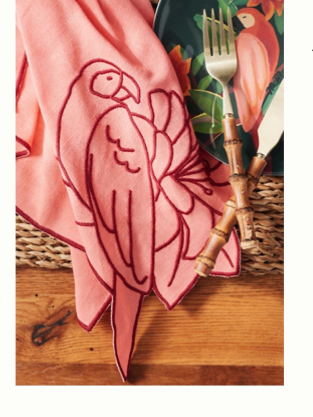 FARM Rio Coral Napkins with Dark Pink Parrot Embroidery | Set of 4